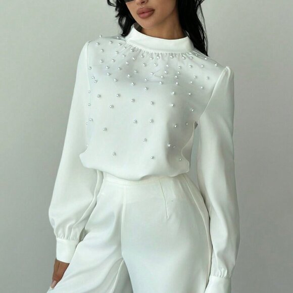 White Elegant Women's Romantic Pearl detailed Ruched Long Sleeve Blouse - Picture 1 of 6